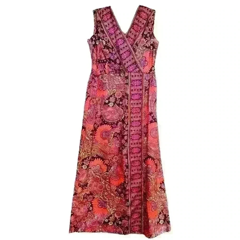 Vintage 70s Sleeveless Maxi Dress Colorful Pink Orange Brown V Neck handmade